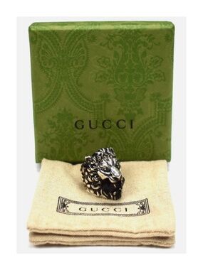 NEW Authentic Gucci Lion Head Crystal Ring In Silver & Black Sz 16 IT 7.5 US